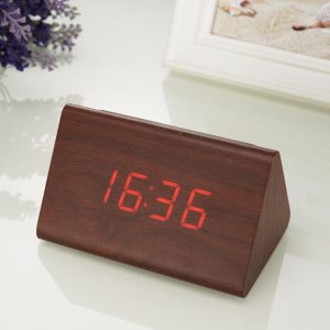 Mute Luminous Electronic Clock Wooden Sound Control Small Triangle Alarm Clock Brown Wood Red Light (OEM)