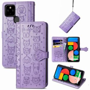 For Google Pixel 5a 5G Lovely Cat and Dog Embossing Pattern Horizontal Flip Leather Case , with Holder & Card Slots & Wallet & Cartoon Clasp & Lanyard(Purple) (OEM)