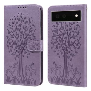 For Google Pixel 6 Tree & Deer Pattern Pressed Printing Horizontal Flip Leather Phone Case(Purple) (OEM)