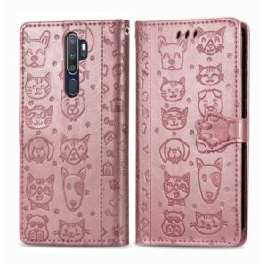 For OPPO A5 (2020) / A9 (2020) Cute Cat and Dog Embossed Horizontal Flip Leather Case with Holder & Card Slots & Wallet & Cartoon Clasp & Lanyard(Rose Gold) (OEM)