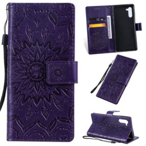 Pressed Printing Sunflower Pattern Horizontal Flip PU Leather Case for Galaxy Note 10, with Holder & Card Slots & Wallet & Lanyard (Purple) (OEM)