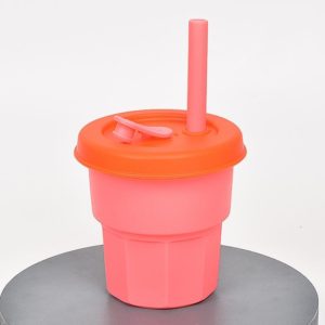 Children Silicone Straw Cups Drop And High Temperature Resistant Water Cups Cherry Blossom Pink Cup + Orange Cover(400ml) (OEM)
