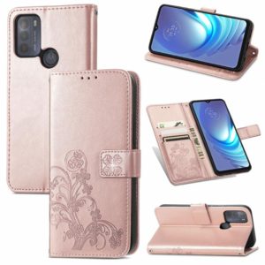 For Motorola Moto G50 Four-leaf Clasp Embossed Buckle Mobile Phone Protection Leather Case with Lanyard & Card Slot & Wallet & Bracket Function(Rose Gold) (OEM)
