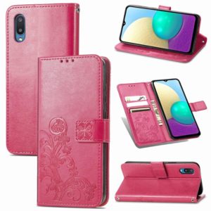 For Samsung Galaxy A02 Four-leaf Clasp Embossed Buckle Mobile Phone Protection Leather Case with Lanyard & Card Slot & Wallet & Bracket Function(Rose Red) (OEM)