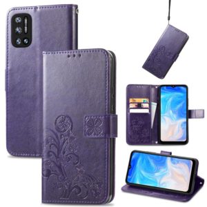 For DOOGEE N40 Pro Four-leaf Clasp Embossed Leather Case with Lanyard & Card Slot & Wallet & Holder(Purple) (OEM)
