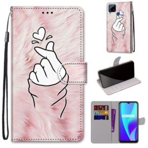 For OPPO Realme C15 / C12 / C25 / 7i (Global) / Narzo 20 / 30A Coloured Drawing Cross Texture Horizontal Flip PU Leather Case with Holder & Card Slots & Wallet & Lanyard(Pink Hands Heart) (OEM)