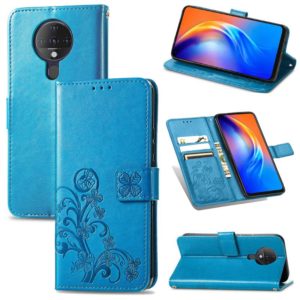 For Tecno Spark 6 Four-leaf Clasp Embossed Buckle Mobile Phone Protection Leather Case with Lanyard & Card Slot & Wallet & Bracket Function(Blue) (OEM)