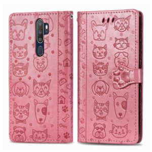 For OPPO A5 (2020) / A9 (2020) Cute Cat and Dog Embossed Horizontal Flip Leather Case with Holder & Card Slots & Wallet & Cartoon Clasp & Lanyard(Pink) (OEM)
