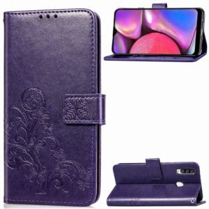 For Galaxy A20S Four-leaf Clasp Embossed Buckle Mobile Phone Protection Leather Case with Lanyard & Card Slot & Wallet & Bracket Function(Purple) (OEM)