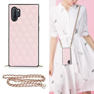 For Samsung Galaxy Note10+ Elegant Rhombic Pattern Microfiber Leather +TPU Shockproof Case with Crossbody Strap Chain(Pink) (OEM)