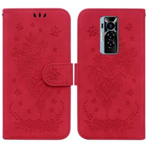 For Tecno Phantom X Butterfly Rose Embossed Leather Phone Case(Red) (OEM)