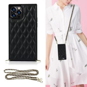 For iPhone 12 Pro Max Elegant Rhombic Pattern Microfiber Leather +TPU Shockproof Case with Crossbody Strap Chain(Black) (OEM)