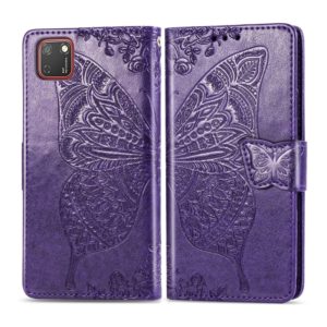For Huawei Y5P Butterfly Love Flower Embossed Horizontal Flip Leather Case with Bracket / Card Slot / Wallet / Lanyard(Dark Purple) (OEM)