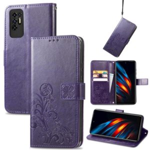 For Tecno Pova 2 Four-leaf Clasp Embossed Buckle Mobile Phone Protection Leather Case with Lanyard & Card Slot & Wallet & Bracket Function(Purple) (OEM)
