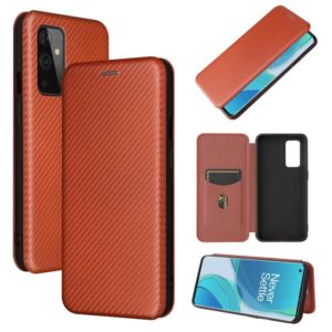 For OnePlus 9 Carbon Fiber Texture Horizontal Flip TPU + PC + PU Leather Case with Card Slot(Brown) (OEM)
