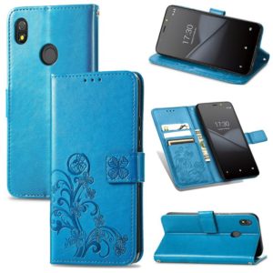 For Tecno Pop 3 Four-leaf Clasp Embossed Buckle Mobile Phone Protection Leather Case with Lanyard & Card Slot & Wallet & Bracket Function(Blue) (OEM)