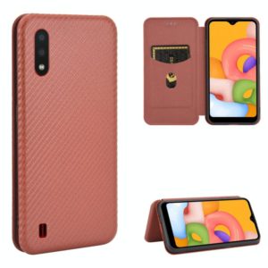 For Samsung Galaxy A01 Carbon Fiber Texture Horizontal Flip TPU + PC + PU Leather Case with Rope & Card Slot(Brown) (OEM)