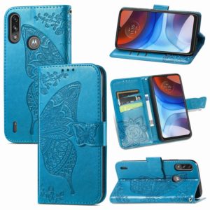 For Motorola Moto E7 Power Butterfly Love Flower Embossed Horizontal Flip Leather Case with Bracket & Card Slot & Wallet & Lanyard(Blue) (OEM)