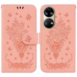 For Huawei P50 Butterfly Rose Embossed Leather Phone Case(Pink) (OEM)