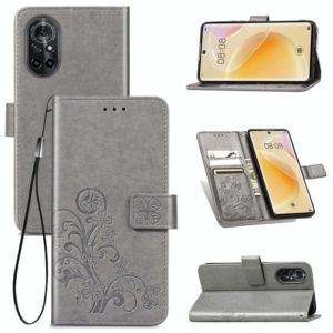 For Huawei Nova 8 Four-leaf Clasp Embossed Buckle Mobile Phone Protection Leather Case with Lanyard & Card Slot & Wallet & Bracket Function(Gray) (OEM)