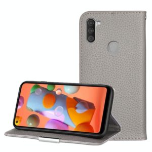 For Galaxy A11 Litchi Texture Solid Color Horizontal Flip Leather Case with Bracket & Card Slots & Wallet & Lanyard(Grey) (OEM)