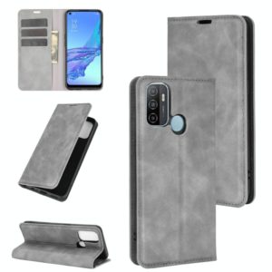 For OPPO A53 2020/OPPO A32 2020 Retro-skin Business Magnetic Suction Leather Case with Holder & Card Slots & Wallet(Grey) (OEM)