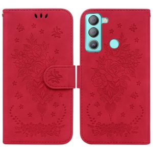 For Tecno Pop 5 Lite BD4 Butterfly Rose Embossed Leather Phone Case(Red) (OEM)