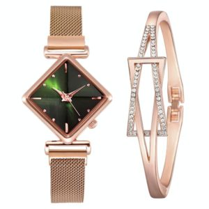 Ladies Diamond Dial Quartz Watch, Colour: Rose Gold Green + Bracelet (OEM)