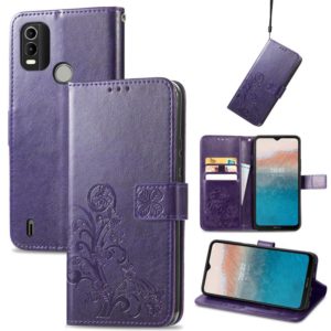 For Nokia C21 Plus Four-leaf Clasp Embossed Buckle Leather Phone Case(Purple) (OEM)