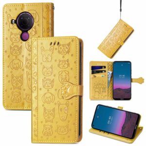 For Nokia 5.4 Lovely Cat and Dog Embossing Pattern Horizontal Flip Leather Case , with Holder & Card Slots & Wallet & Cartoon Clasp & Lanyard(Yellow) (OEM)