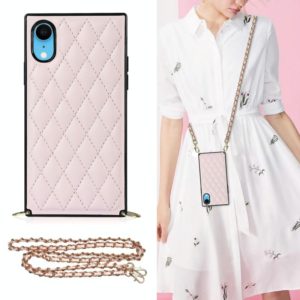 For iPhone XR Elegant Rhombic Pattern Microfiber Leather +TPU Shockproof Case with Crossbody Strap Chain(Pink) (OEM)