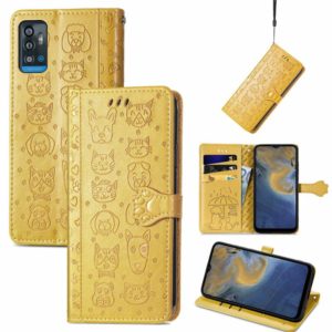 For ZTE A71 Lovely Cat and Dog Embossing Pattern Horizontal Flip Leather Case , with Holder & Card Slots & Wallet & Cartoon Clasp & Lanyard(Yellow) (OEM)