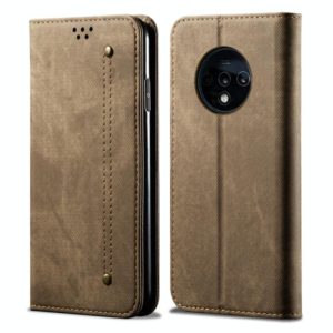 For OnePlus 7T Denim Texture Casual Style Horizontal Flip Leather Case with Holder & Card Slots & Wallet(Khaki) (OEM)