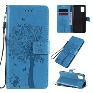 For Samsung Galaxy A31 Tree & Cat Embossed Pattern Horizontal Flip Leather Case with Holder & Card Slots & Wallet & Lanyard(Blue) (OEM)