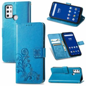 For Tone E21 Four-leaf Clasp Embossed Buckle Mobile Phone Protection Leather Case with Lanyard & Card Slot & Wallet & Bracket Function(Blue) (OEM)