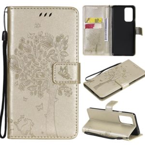 For OnePlus 9 Pro Tree & Cat Pattern Pressed Printing Horizontal Flip PU Leather Case with Holder & Card Slots & Wallet & Lanyard(Gold) (OEM)