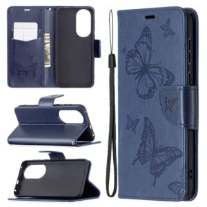 For Huawei P50 Two Butterflies Embossing Pattern Horizontal Flip Leather Case with Holder & Card Slot & Wallet & Lanyard(Dark Blue) (OEM)