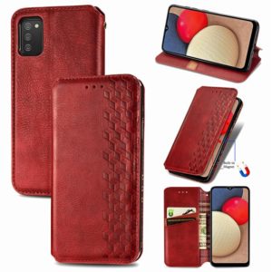 For Samsung Galaxy A02s(US Edition) Cubic Grid Pressed Horizontal Flip Magnetic PU Leather Case with Holder & Card Slots & Wallet(Red) (OEM)