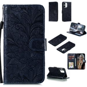 For iPhone 12 / 12 Pro Lace Flower Horizontal Flip Leather Case with Holder & Card Slots & Wallet & Photo Frame(Dark Blue) (OEM)