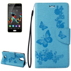 Pressed Flowers Butterfly Pattern Horizontal Flip Leather Case for Wiko U Feel Lite, with Magnetic Buckle & Holder & Card Slots & Wallet(Blue) (OEM)