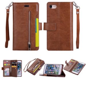 For iPhone SE 2022 / SE 2020 / 8 / 7 Multifunctional Zipper Horizontal Flip Leather Case with Holder & Wallet & 9 Card Slots & Lanyard(Brown) (OEM)