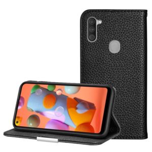 For Galaxy A11 Litchi Texture Solid Color Horizontal Flip Leather Case with Bracket & Card Slots & Wallet & Lanyard(Black) (OEM)
