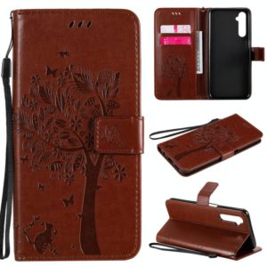For OPPO Realme 6 Tree & Cat Embossed Pattern Horizontal Flip Leather Case with Holder & Card Slots & Wallet & Lanyard(Coffee) (OEM)