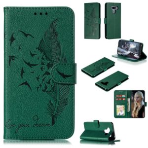 Feather Pattern Litchi Texture Horizontal Flip Leather Case with Wallet & Holder & Card Slots For LG K50(Green) (OEM)
