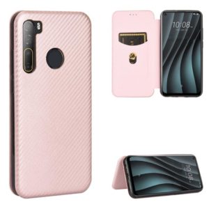 For HTC Desire 20 Pro Carbon Fiber Texture Horizontal Flip TPU + PC + PU Leather Case with Card Slot(Pink) (OEM)