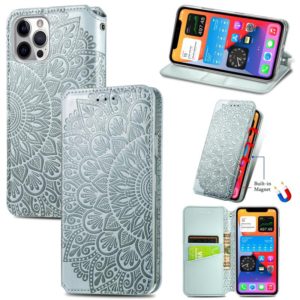 For iPhone 12 Pro Max Blooming Mandala Embossed Pattern Magnetic Horizontal Flip Leather Case with Holder & Card Slots & Wallet(Grey) (OEM)