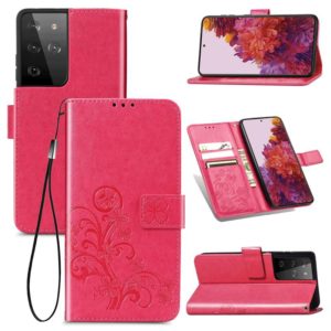 Four-leaf Clasp Embossed Buckle Mobile Phone Protection Leather Case with Lanyard & Card Slot & Wallet & Bracket Function For Samsung Galaxy S21 Ultra 5G(Magenta) (OEM)