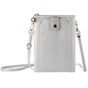 Litchi Texture Card Holder Mobile Phone Zipper Bag with Long Strap(Silver) (OEM)