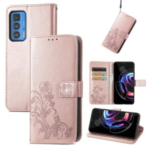 For Motorola Edge 20 Pro Four-leaf Clasp Embossed Buckle Mobile Phone Protection Leather Case with Lanyard & Card Slot & Wallet & Bracket Function(Rose Gold) (OEM)