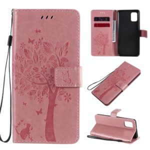 For Samsung Galaxy A31 Tree & Cat Embossed Pattern Horizontal Flip Leather Case with Holder & Card Slots & Wallet & Lanyard(Pink) (OEM)